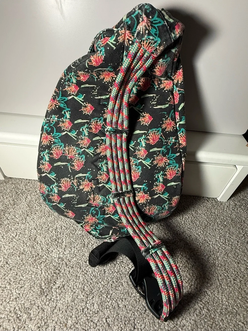 Kavu Floral Rope Sling Backpack in Black, Teal, Coral